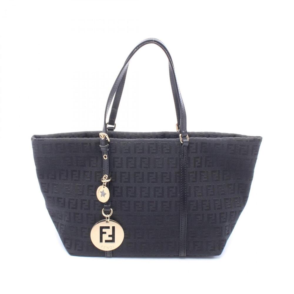 Fendi Zucchino Tote Bag Handbag Canvas Leather Women's Black 8BH214